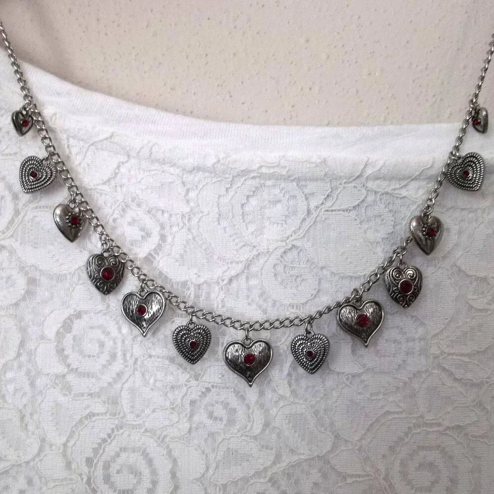 Short Heart Necklace & Earring Ruby Red Rhinestone Silver Costume Jewelry C737 - Picture 5 of 5